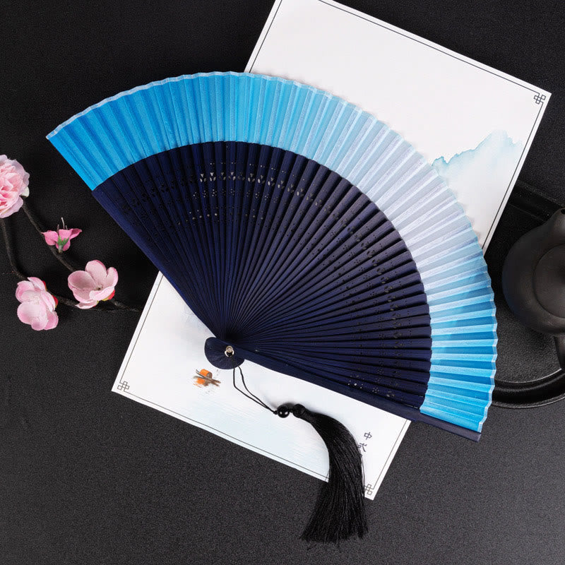 Nimara Ritual Cranes Auspicious Clouds Solid Color Gradient Handheld Bamboo Folding Fan