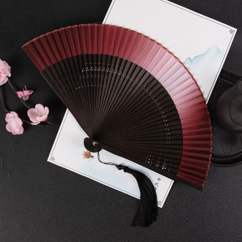 Nimara Ritual Cranes Auspicious Clouds Solid Color Gradient Handheld Bamboo Folding Fan