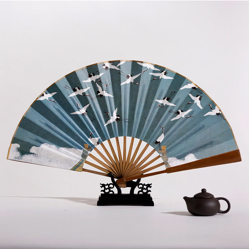 Nimara Ritual Cranes Auspicious Clouds Solid Color Gradient Handheld Bamboo Folding Fan