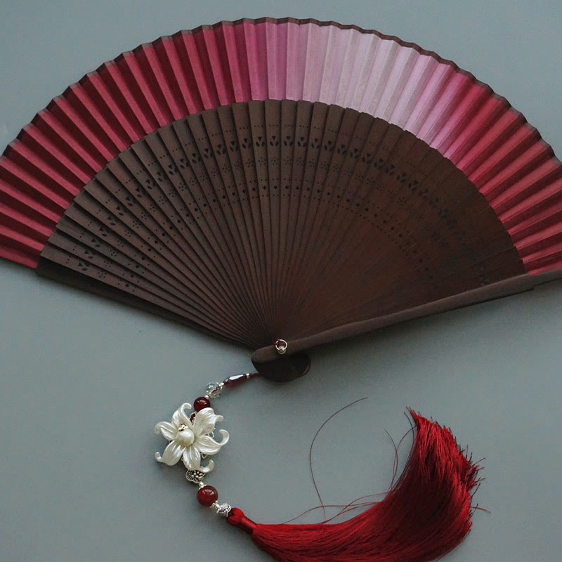 Nimara Ritual Red Lily Tassel Hollow Rib Silk Handheld Bamboo Folding Fan