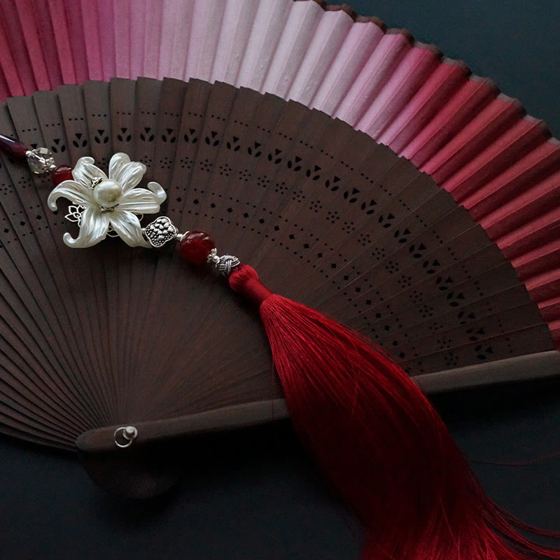 Nimara Ritual Red Lily Tassel Hollow Rib Silk Handheld Bamboo Folding Fan