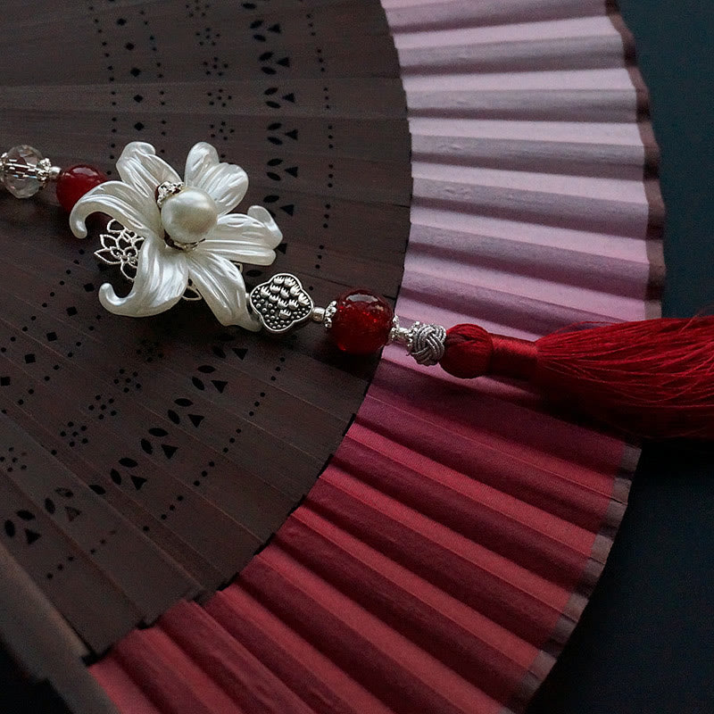 Nimara Ritual Red Lily Tassel Hollow Rib Silk Handheld Bamboo Folding Fan