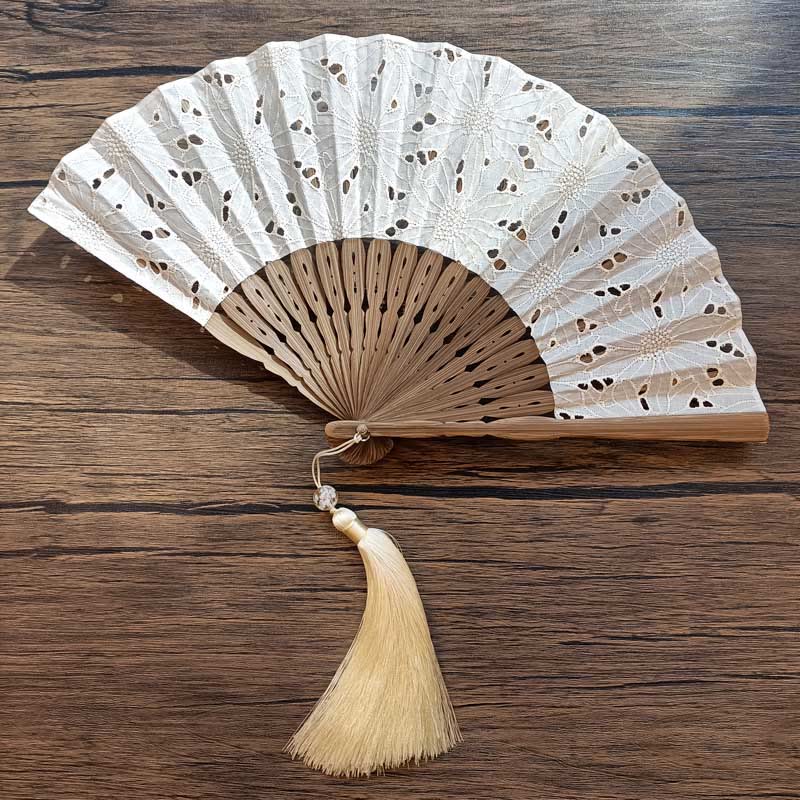 Nimara Ritual Solid Color Hollow Flowers Embroidery Cotton Fabric Handheld Bamboo Folding Fan