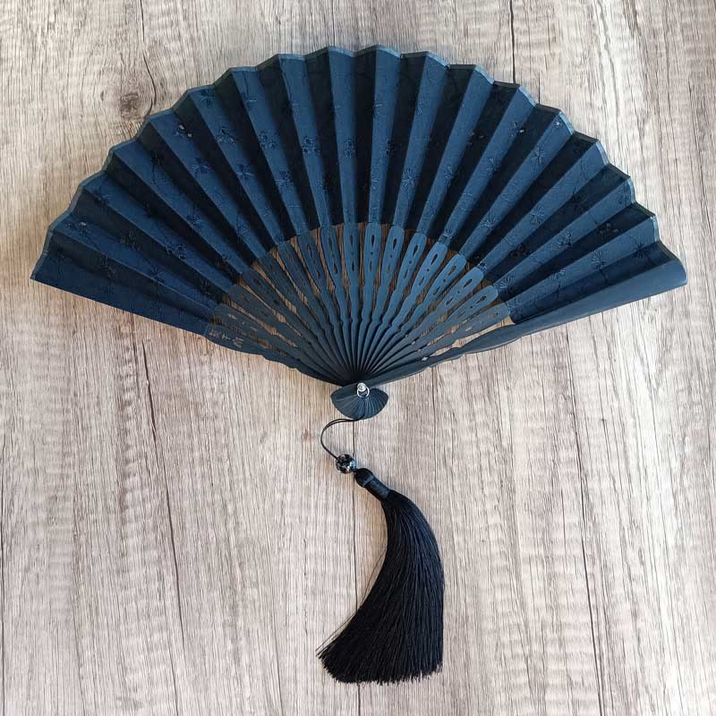 Nimara Ritual Solid Color Hollow Flowers Embroidery Cotton Fabric Handheld Bamboo Folding Fan