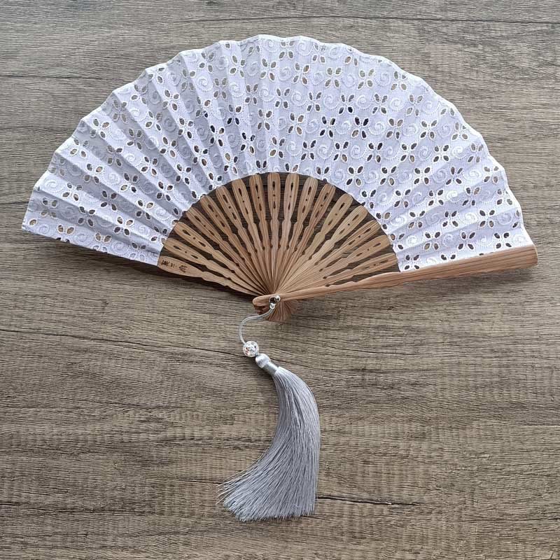 Nimara Ritual Solid Color Hollow Flowers Embroidery Cotton Fabric Handheld Bamboo Folding Fan