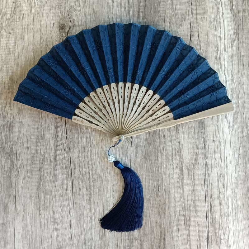 Nimara Ritual Solid Color Hollow Flowers Embroidery Cotton Fabric Handheld Bamboo Folding Fan
