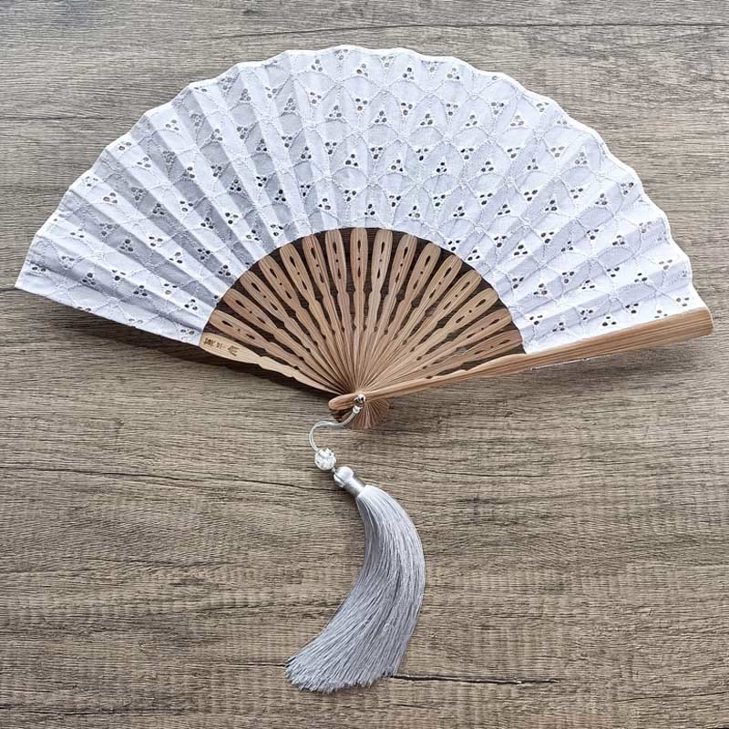 Nimara Ritual Solid Color Hollow Flowers Embroidery Cotton Fabric Handheld Bamboo Folding Fan