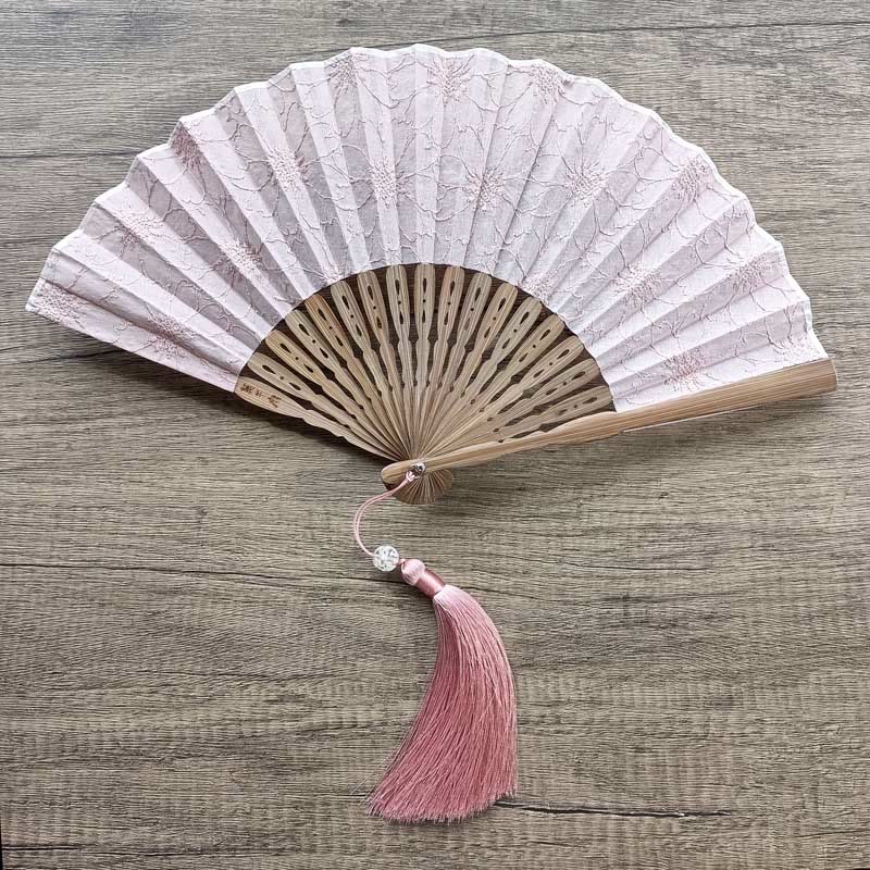 Nimara Ritual Solid Color Hollow Flowers Embroidery Cotton Fabric Handheld Bamboo Folding Fan