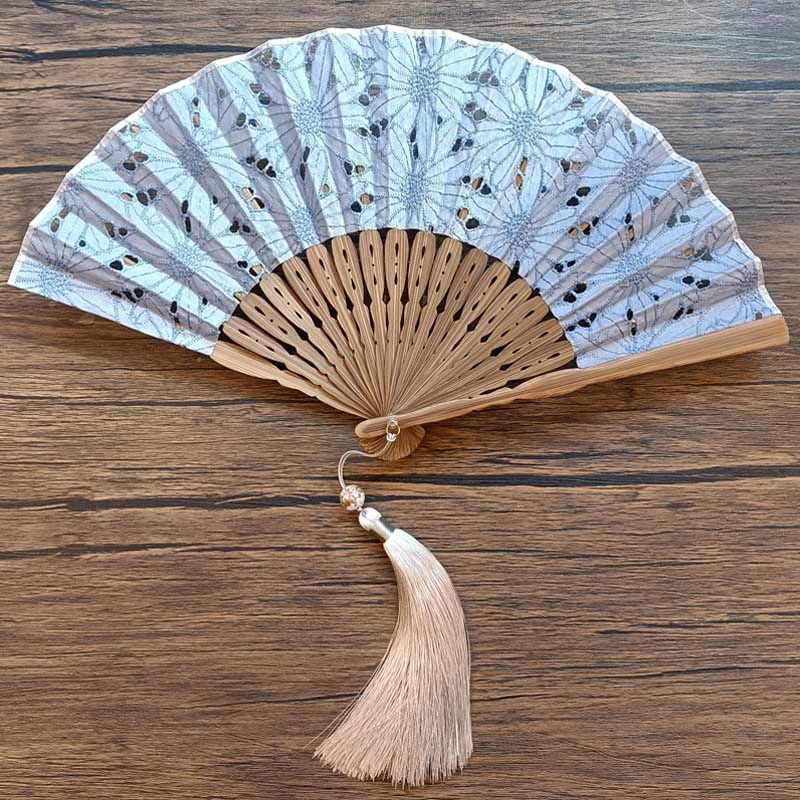Nimara Ritual Solid Color Hollow Flowers Embroidery Cotton Fabric Handheld Bamboo Folding Fan