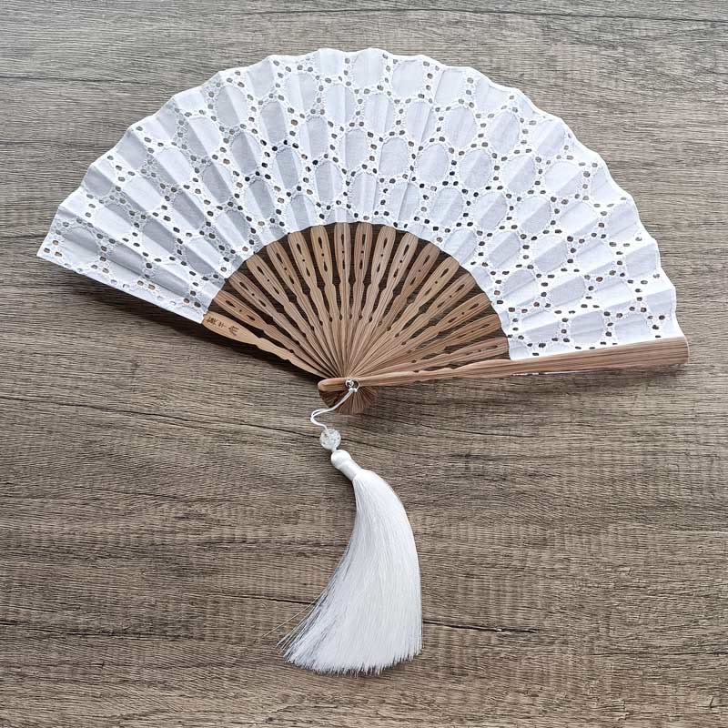 Nimara Ritual Solid Color Hollow Flowers Embroidery Cotton Fabric Handheld Bamboo Folding Fan