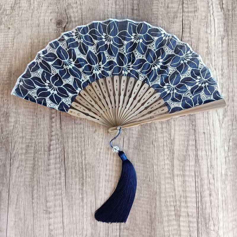 Nimara Ritual Solid Color Hollow Flowers Embroidery Cotton Fabric Handheld Bamboo Folding Fan