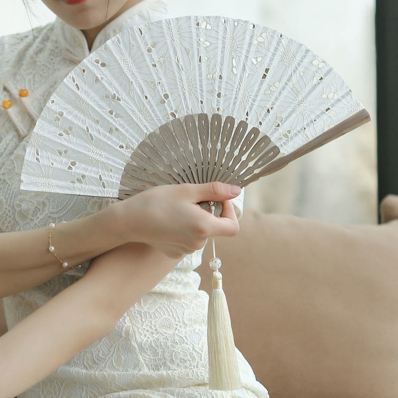 Nimara Ritual Solid Color Hollow Flowers Embroidery Cotton Fabric Handheld Bamboo Folding Fan