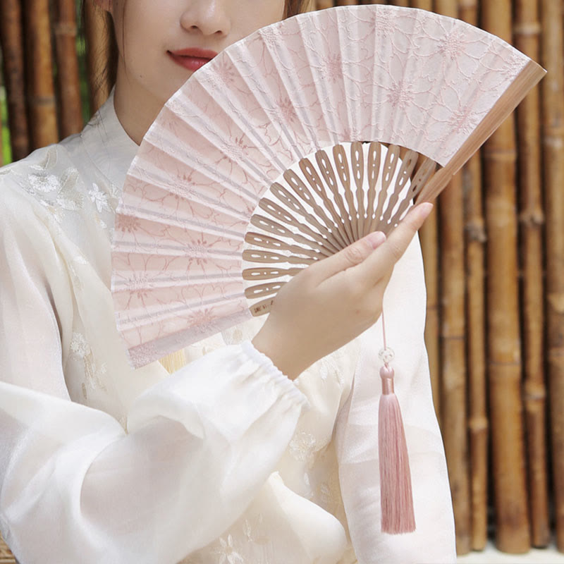 Nimara Ritual Solid Color Hollow Flowers Embroidery Cotton Fabric Handheld Bamboo Folding Fan