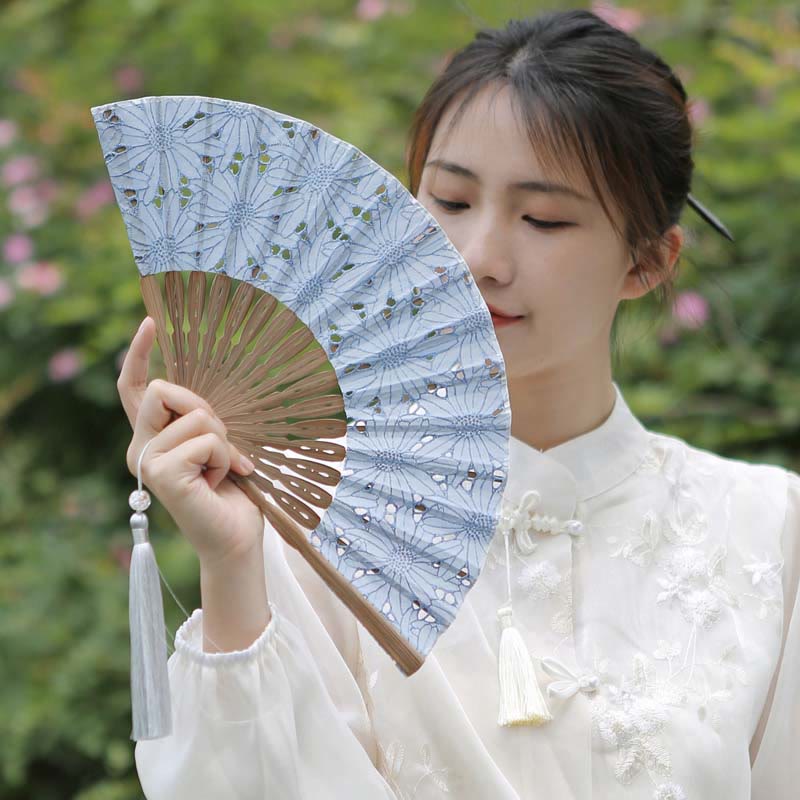 Nimara Ritual Solid Color Hollow Flowers Embroidery Cotton Fabric Handheld Bamboo Folding Fan