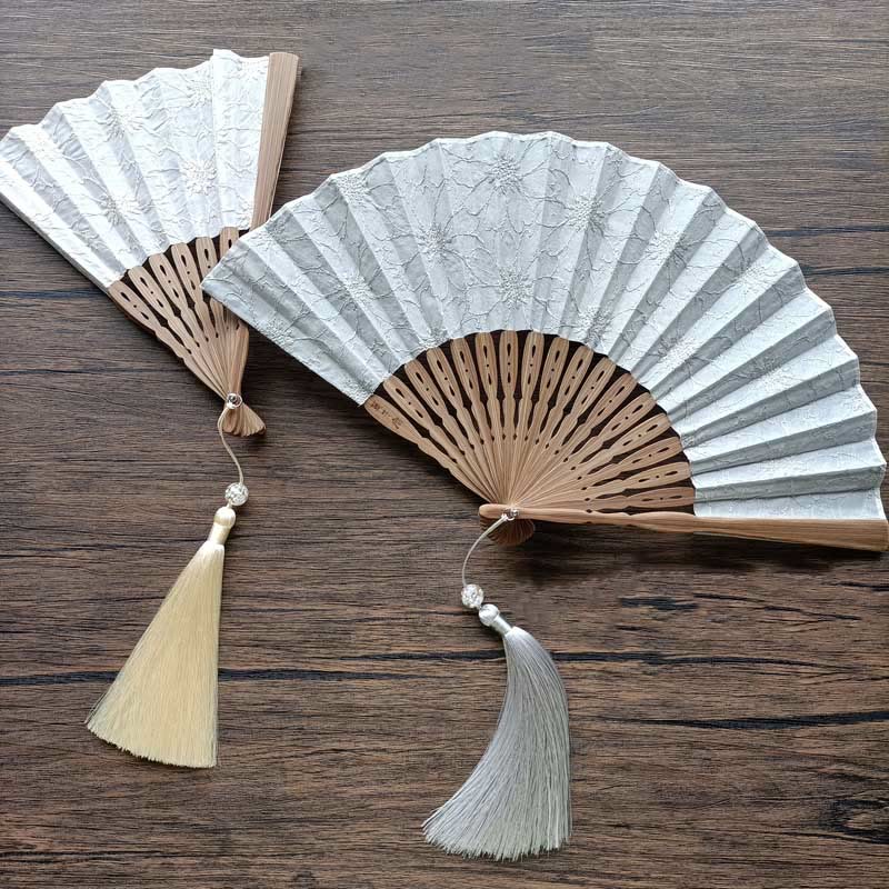 Nimara Ritual Solid Color Hollow Flowers Embroidery Cotton Fabric Handheld Bamboo Folding Fan
