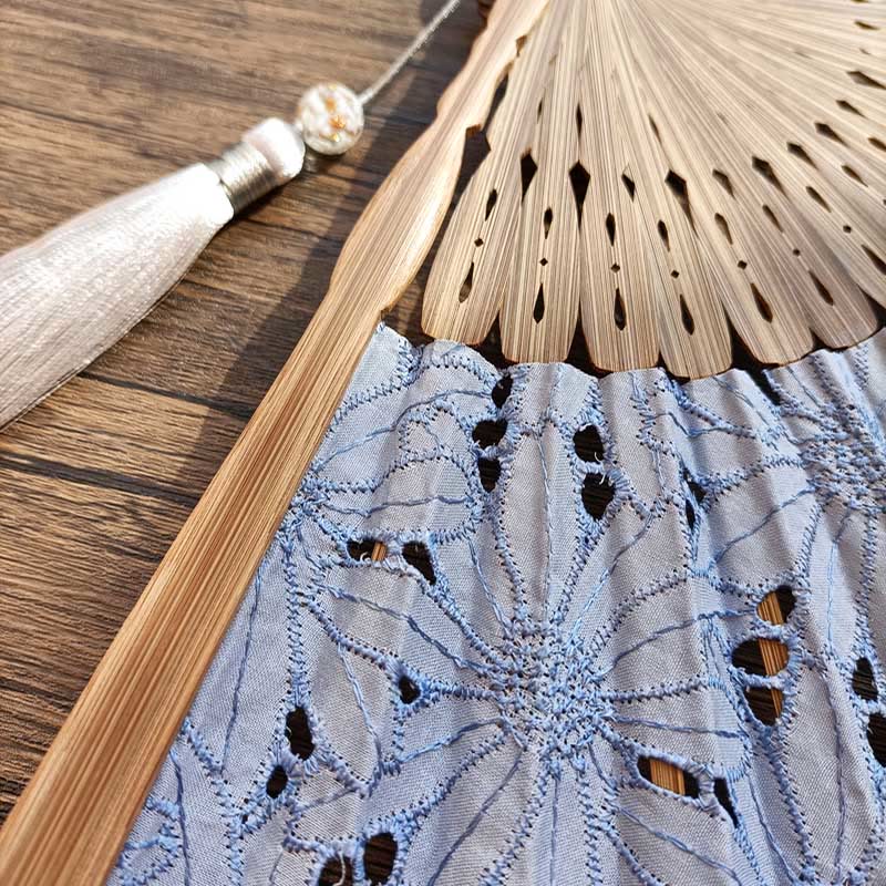 Nimara Ritual Solid Color Hollow Flowers Embroidery Cotton Fabric Handheld Bamboo Folding Fan