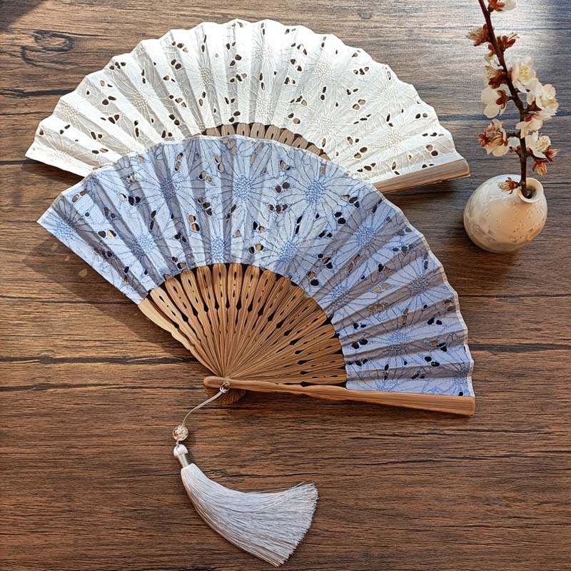 Nimara Ritual Solid Color Hollow Flowers Embroidery Cotton Fabric Handheld Bamboo Folding Fan