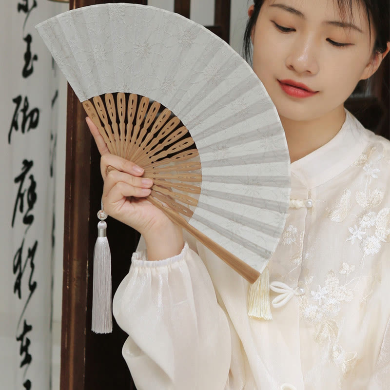 Nimara Ritual Solid Color Hollow Flowers Embroidery Cotton Fabric Handheld Bamboo Folding Fan