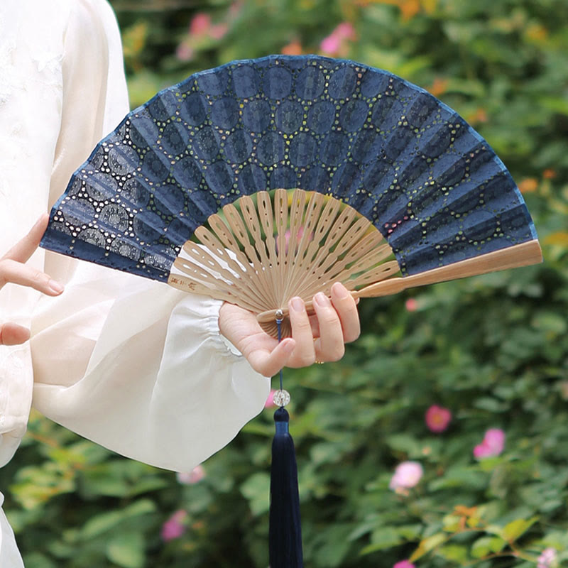 Nimara Ritual Solid Color Hollow Flowers Embroidery Cotton Fabric Handheld Bamboo Folding Fan