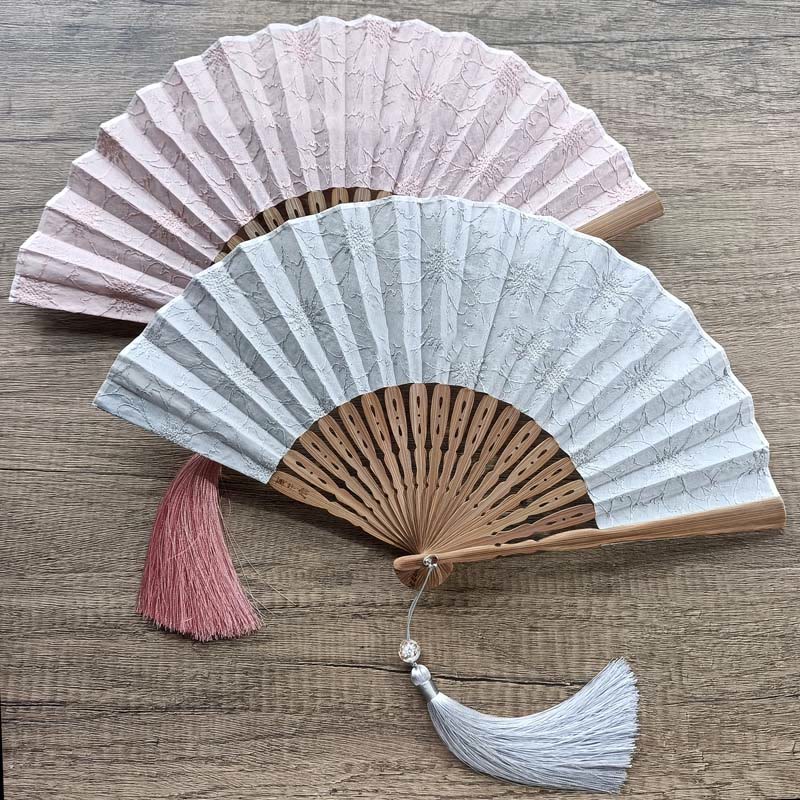 Nimara Ritual Solid Color Hollow Flowers Embroidery Cotton Fabric Handheld Bamboo Folding Fan