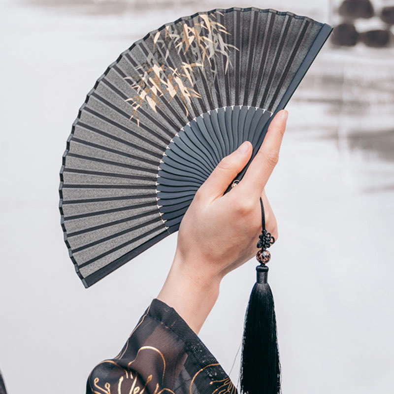 Nimara Ritual Black Bamboo Leaf Print Silk Handheld Bamboo Folding Fan