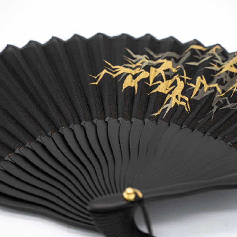 Nimara Ritual Black Bamboo Leaf Print Silk Handheld Bamboo Folding Fan