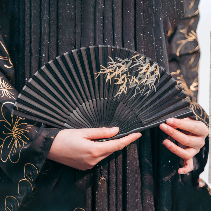 Nimara Ritual Black Bamboo Leaf Print Silk Handheld Bamboo Folding Fan