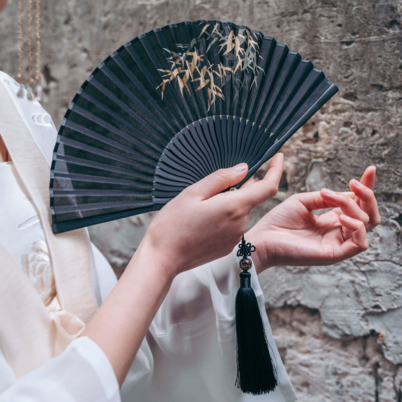 Nimara Ritual Black Bamboo Leaf Print Silk Handheld Bamboo Folding Fan
