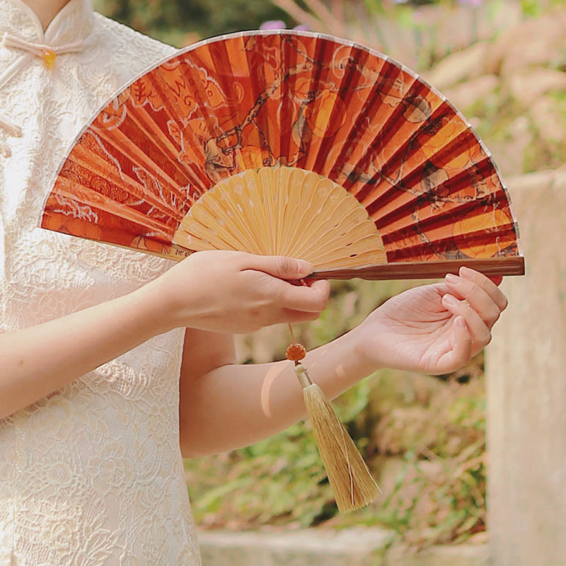 Nimara Ritual Flower Persimmon Bamboo Leaves Xiangyunsha Silk Handheld Bamboo Folding Fan