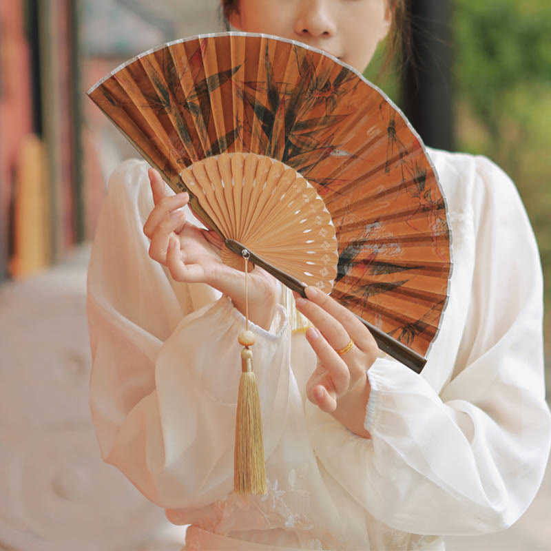 Nimara Ritual Flower Persimmon Bamboo Leaves Xiangyunsha Silk Handheld Bamboo Folding Fan