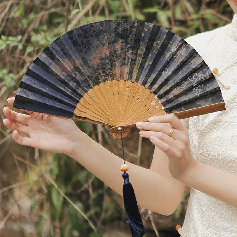 Nimara Ritual Flower Persimmon Bamboo Leaves Xiangyunsha Silk Handheld Bamboo Folding Fan