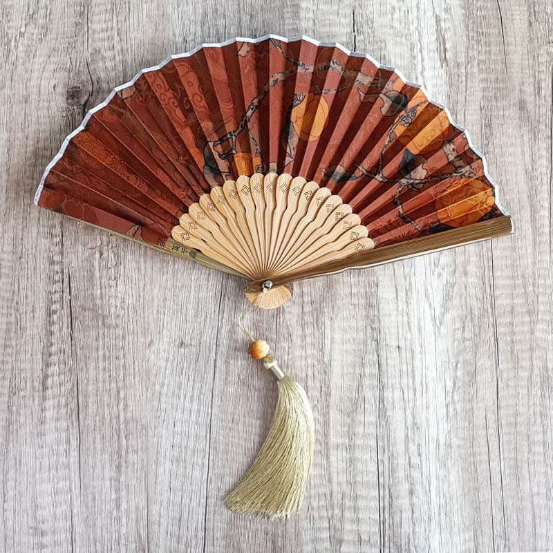 Nimara Ritual Flower Persimmon Bamboo Leaves Xiangyunsha Silk Handheld Bamboo Folding Fan
