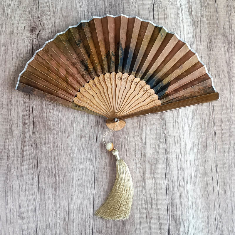 Nimara Ritual Flower Persimmon Bamboo Leaves Xiangyunsha Silk Handheld Bamboo Folding Fan