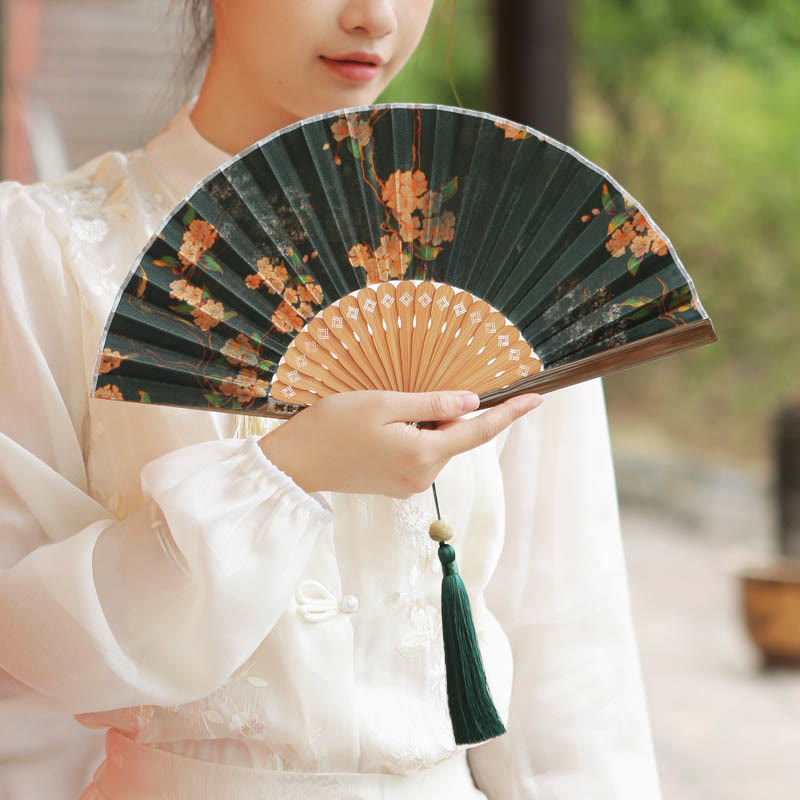 Nimara Ritual Flower Persimmon Bamboo Leaves Xiangyunsha Silk Handheld Bamboo Folding Fan