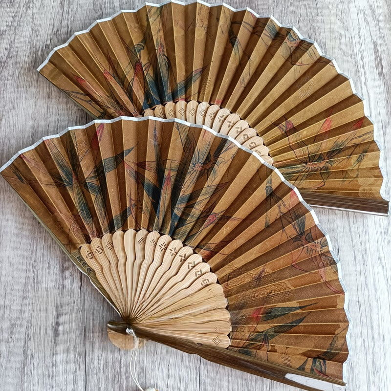 Nimara Ritual Flower Persimmon Bamboo Leaves Xiangyunsha Silk Handheld Bamboo Folding Fan