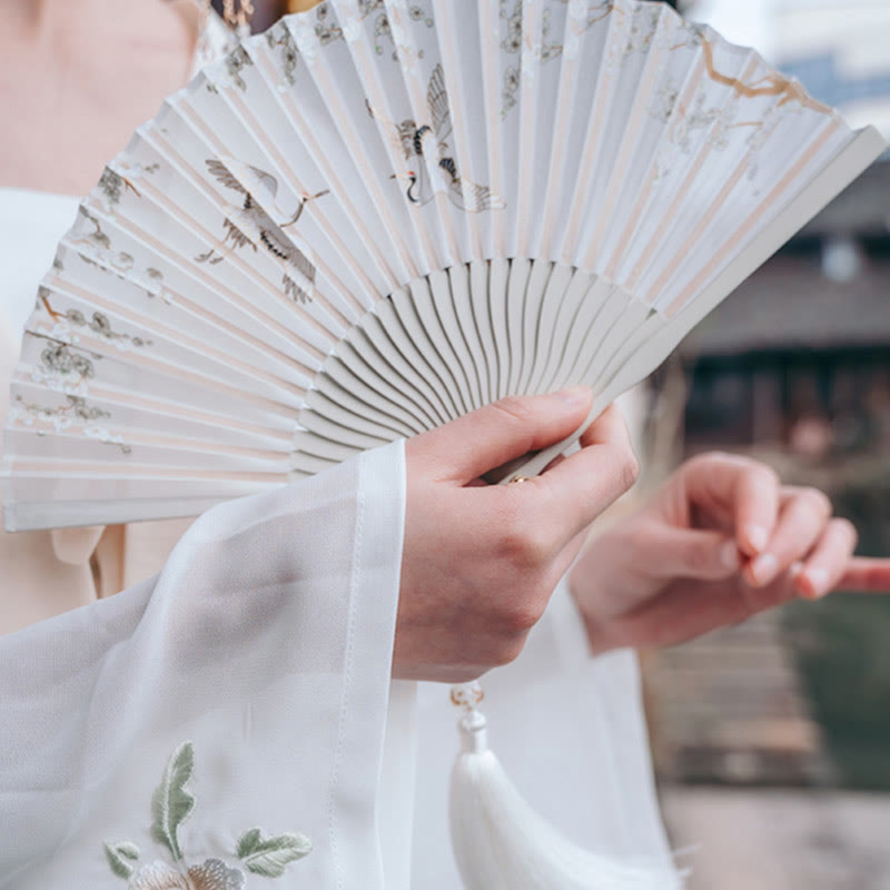 Nimara Ritual Crane Plum Blossom Handheld Silk Bamboo Folding Fan
