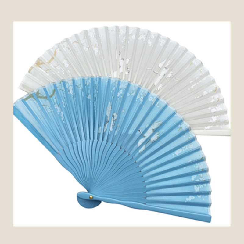 Nimara Ritual Crane Plum Blossom Handheld Silk Bamboo Folding Fan