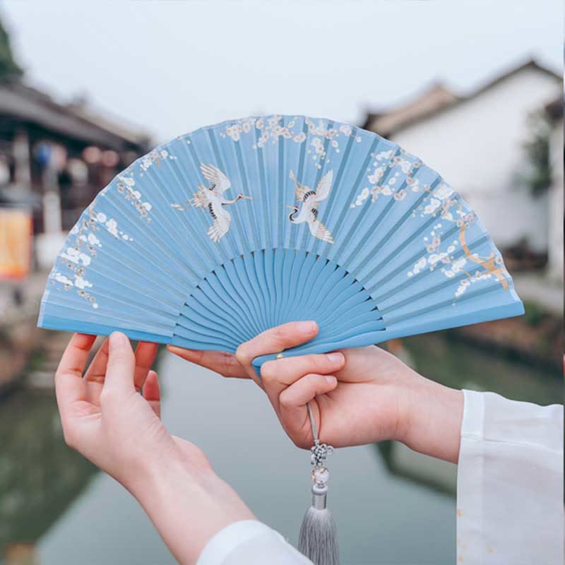 Nimara Ritual Crane Plum Blossom Handheld Silk Bamboo Folding Fan