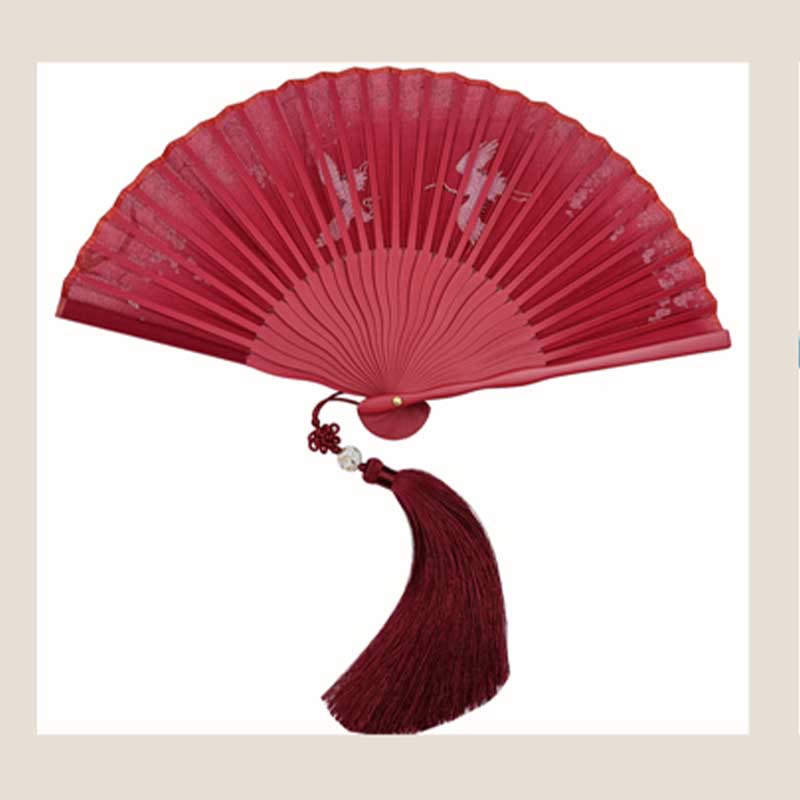 Nimara Ritual Crane Plum Blossom Handheld Silk Bamboo Folding Fan