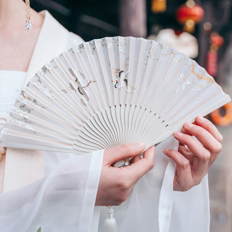 Nimara Ritual Crane Plum Blossom Handheld Silk Bamboo Folding Fan