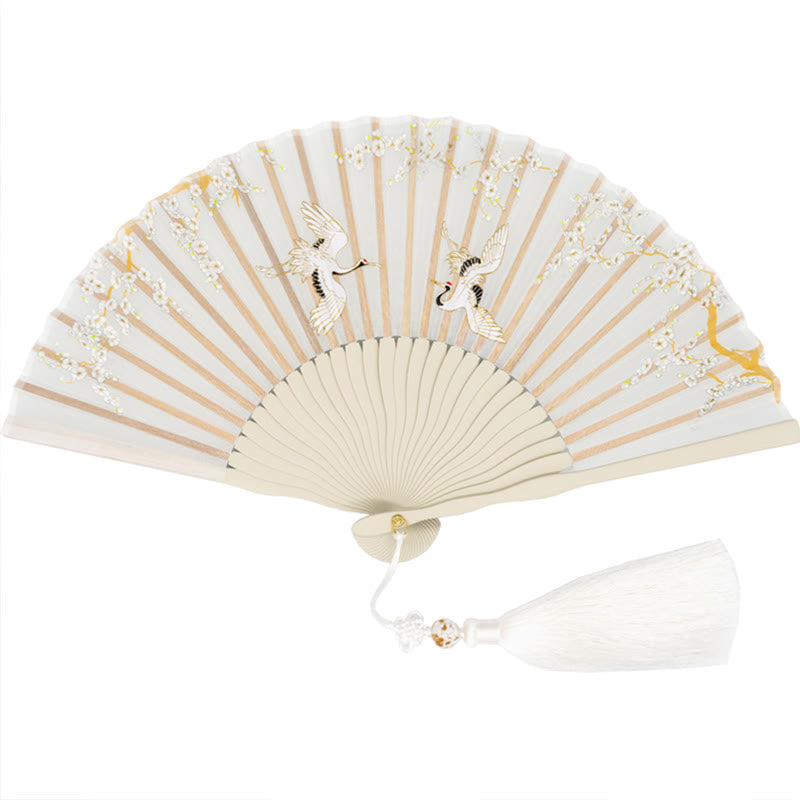 Nimara Ritual Crane Plum Blossom Handheld Silk Bamboo Folding Fan