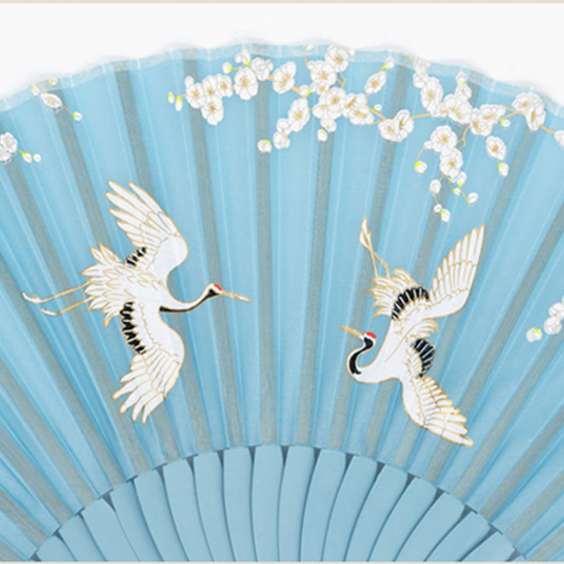 Nimara Ritual Crane Plum Blossom Handheld Silk Bamboo Folding Fan