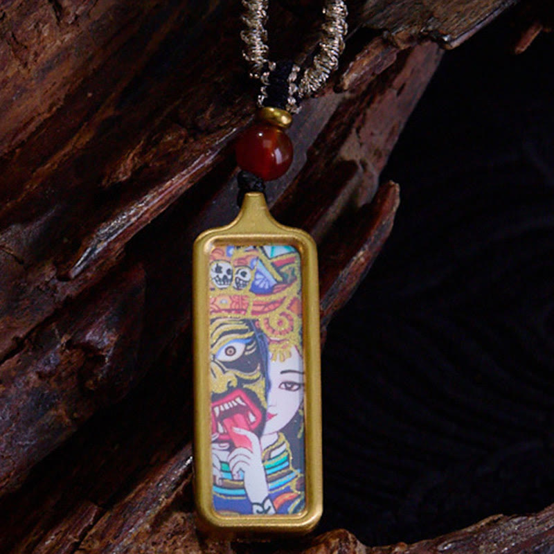 Nimara Ritual Tibet Zakiram Yellow God of Wealth Nine Tailed Fox Hand-Painted Thangka Calm Necklace Pendant