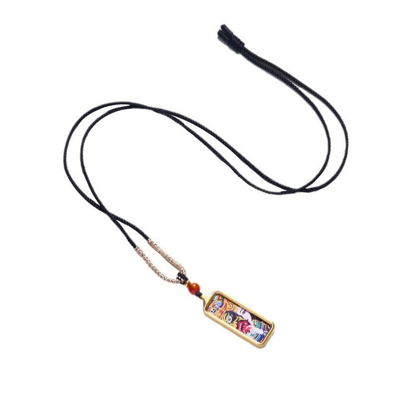 Nimara Ritual Tibet Zakiram Yellow God of Wealth Nine Tailed Fox Hand-Painted Thangka Calm Necklace Pendant