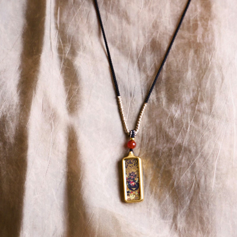 Nimara Ritual Tibet Zakiram Yellow God of Wealth Nine Tailed Fox Hand-Painted Thangka Calm Necklace Pendant