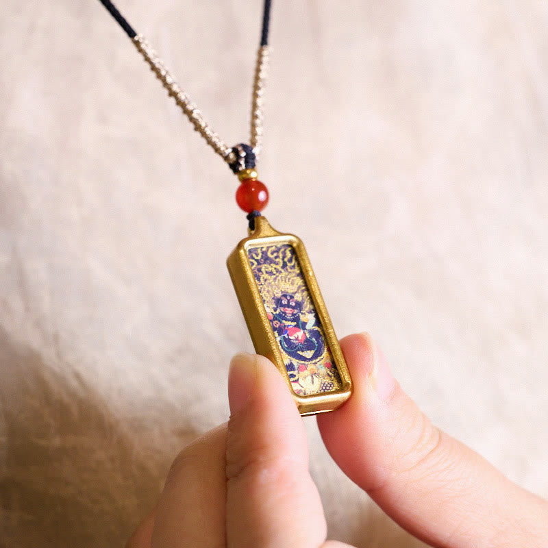 Nimara Ritual Tibet Zakiram Yellow God of Wealth Nine Tailed Fox Hand-Painted Thangka Calm Necklace Pendant