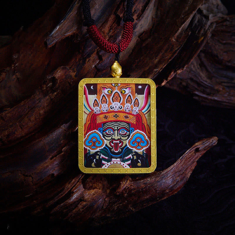 Nimara Ritual Tibetan Zakiram Nine Tailed Fox Yellow God of Wealth Painted Thangka Hope Necklace Pendant