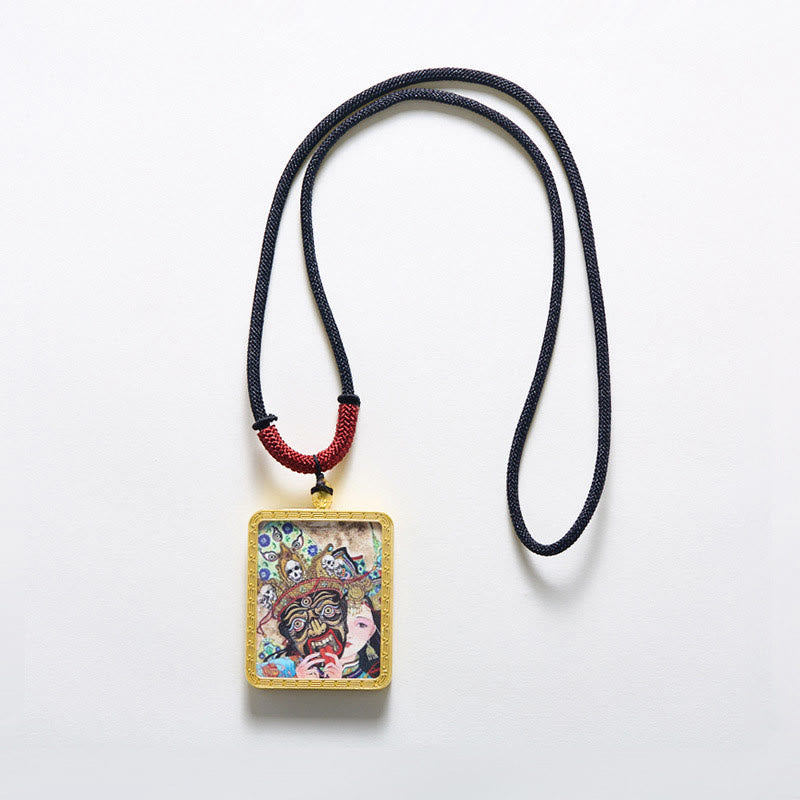 Nimara Ritual Tibetan Zakiram Nine Tailed Fox Yellow God of Wealth Painted Thangka Hope Necklace Pendant