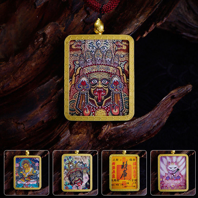Nimara Ritual Tibetan Zakiram Nine Tailed Fox Yellow God of Wealth Painted Thangka Hope Necklace Pendant