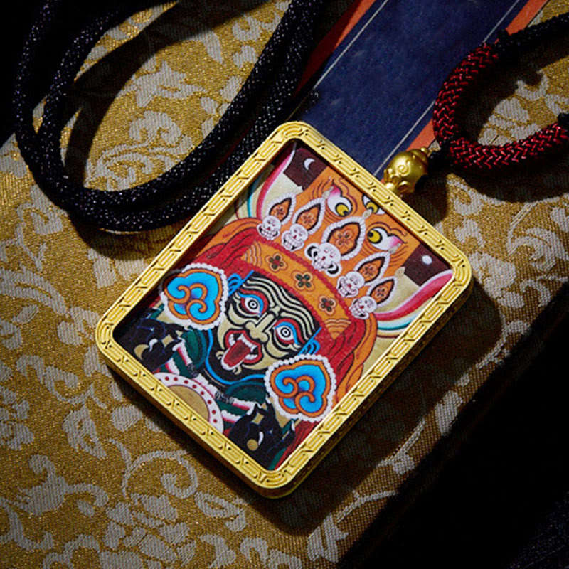 Nimara Ritual Tibetan Zakiram Nine Tailed Fox Yellow God of Wealth Painted Thangka Hope Necklace Pendant